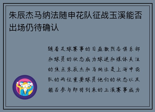 朱辰杰马纳法随申花队征战玉溪能否出场仍待确认
