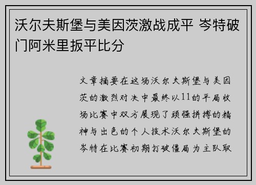 沃尔夫斯堡与美因茨激战成平 岑特破门阿米里扳平比分